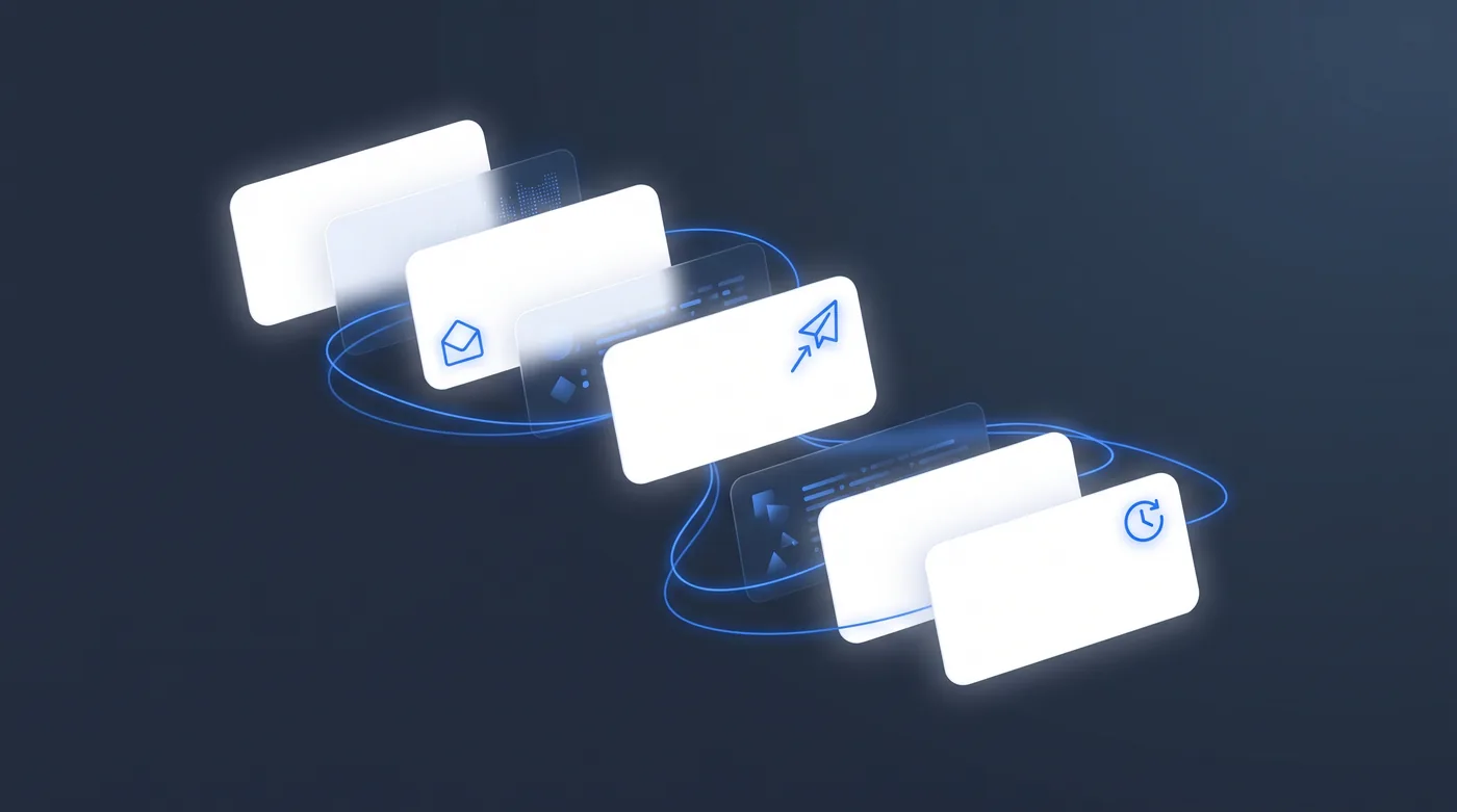 Abstrakte Darstellung: vorbereitete E-Mails in einer Reihe mit Nachfass-Schleife